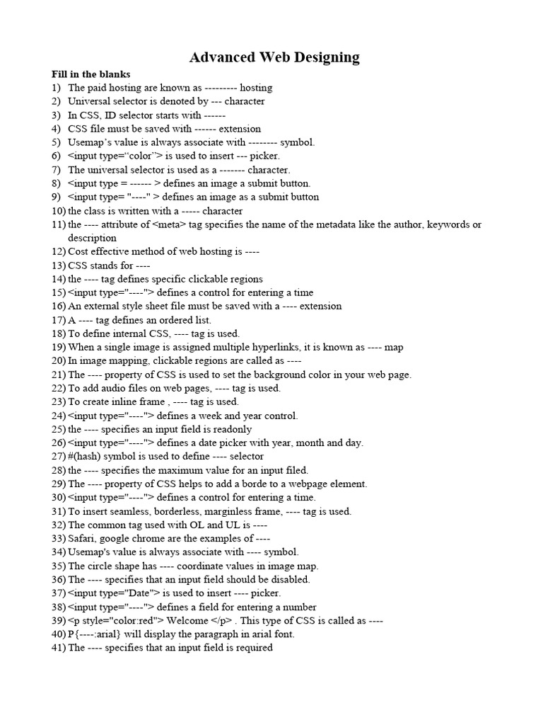 MCQs of ADvanced WEb Designing | PDF | Html Element | Tag (Metadata)