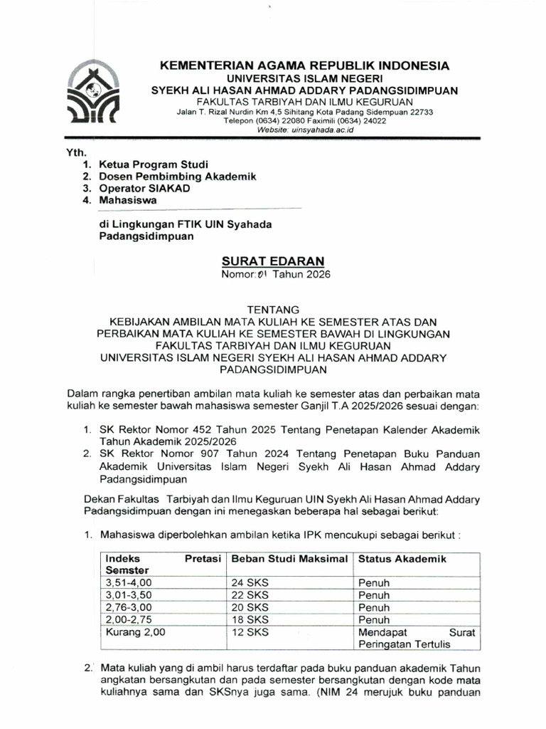 Surat Edaran 01 Tahun 2026 FTIK | PDF