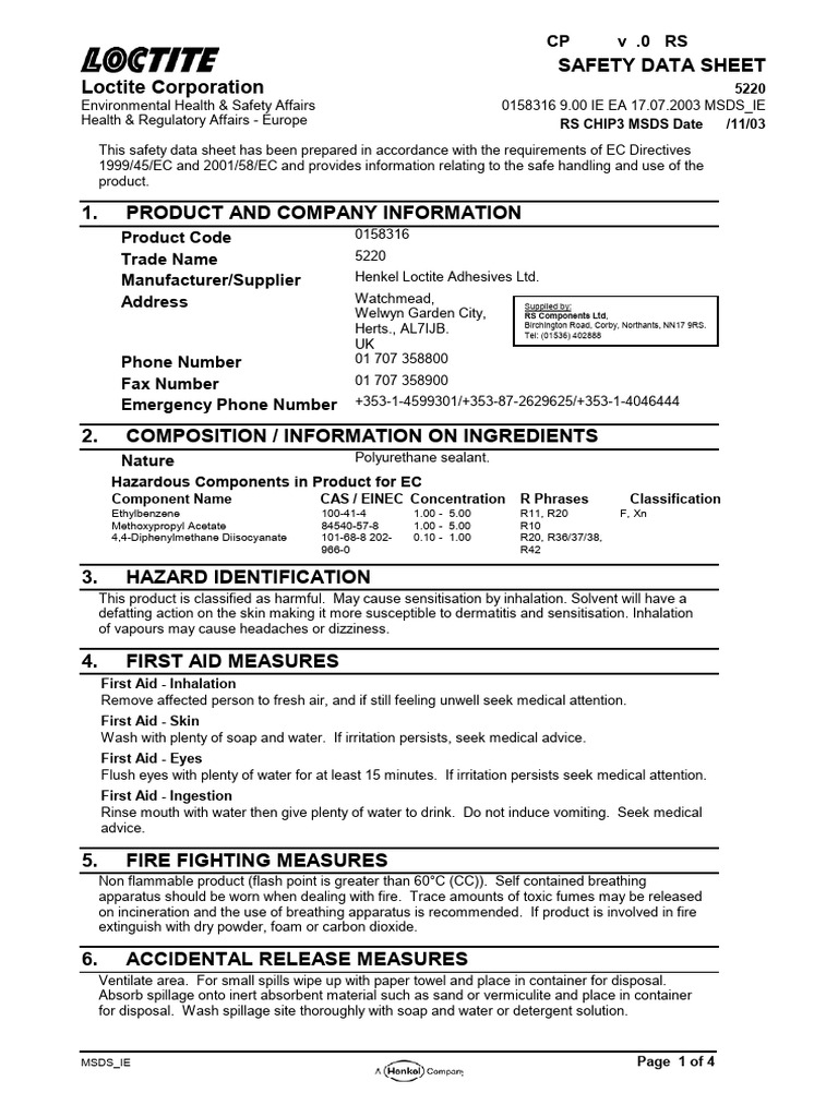 MSDS Loctite | PDF | Carbon Dioxide | Materials