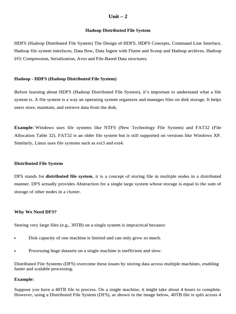 Unit - 2 - Hadoop Distributed File System | PDF | Apache Hadoop | File ...