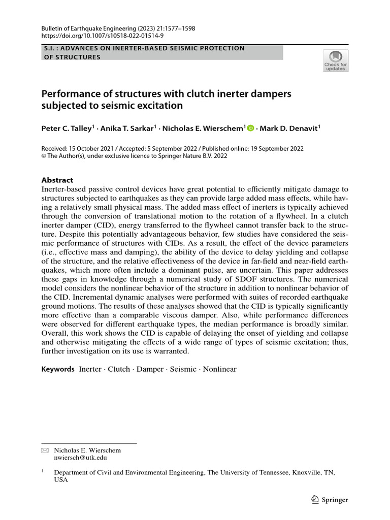 Performance of Structures With Clutch Inerter Dampers Subjected To ...