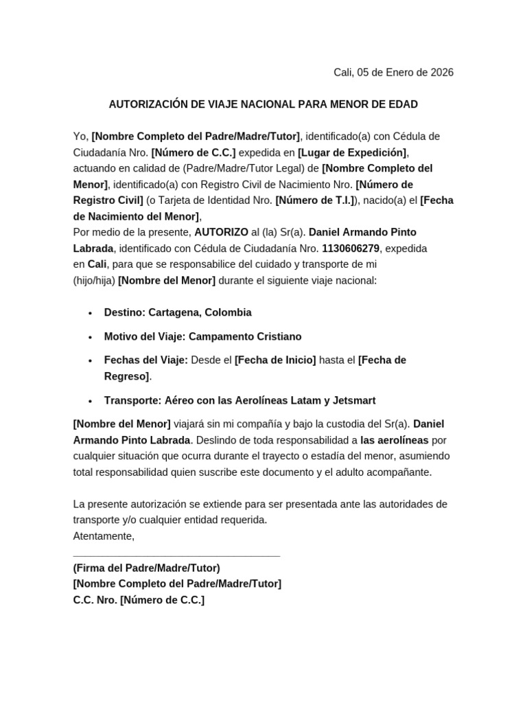 Autorizacion para Viaje de Menores | PDF
