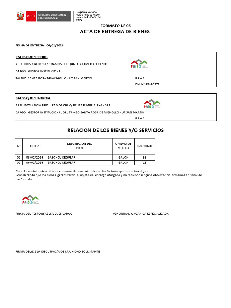 Formato 06 - Acta de Entrega de Bienes Mishollo (F) (F) (F) | PDF ...