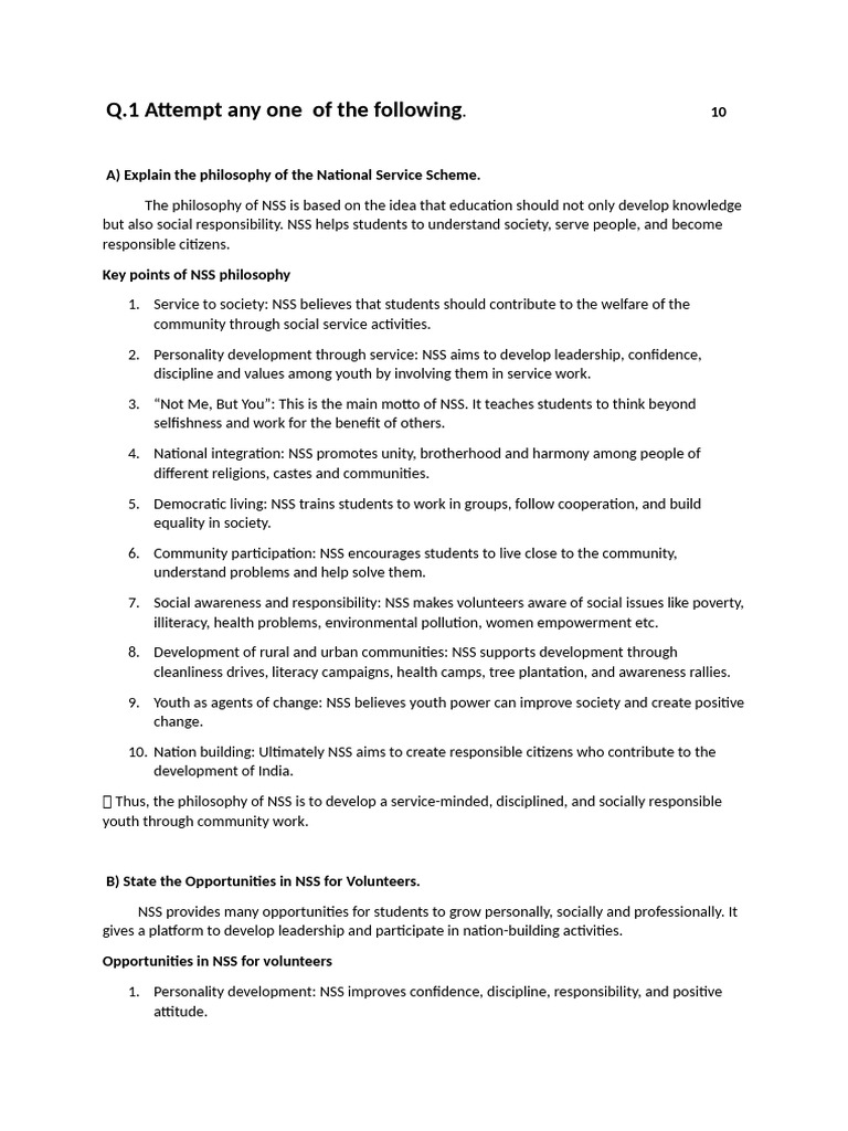 NSS Internal Exam Question and Answer | PDF | Ramakrishna Mission ...