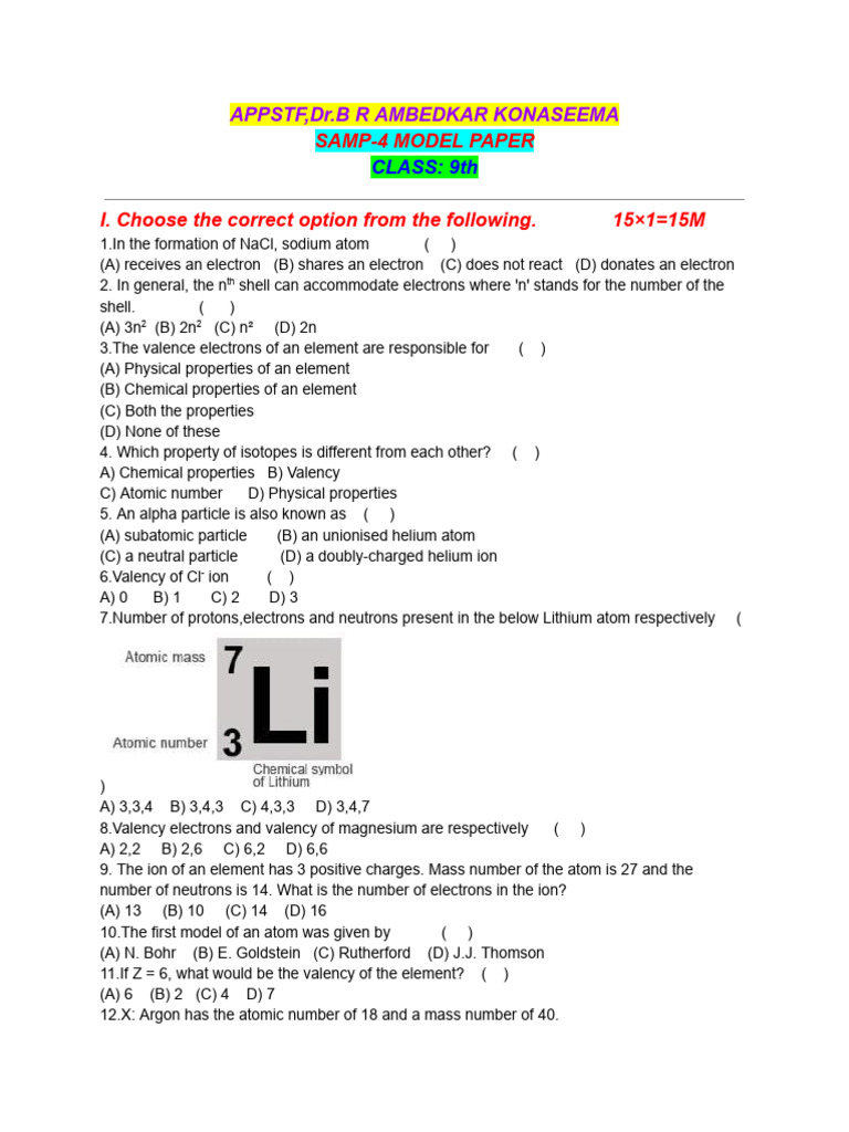 9PS SAMP-4 2026 Model Paper MP | PDF | Atoms | Chemical Elements