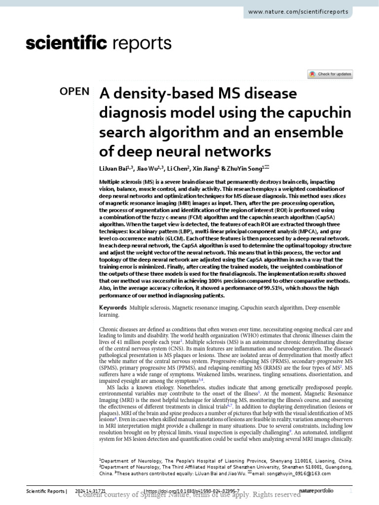 A Density-Based MS Disease Diagnosis Model Using T | PDF | Multiple ...