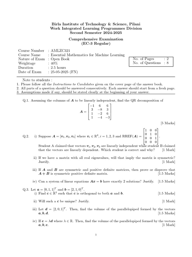 2024-2025 Sem 2 Amlzc321 Essential Mathematics For Machine Learning Ec3 ...