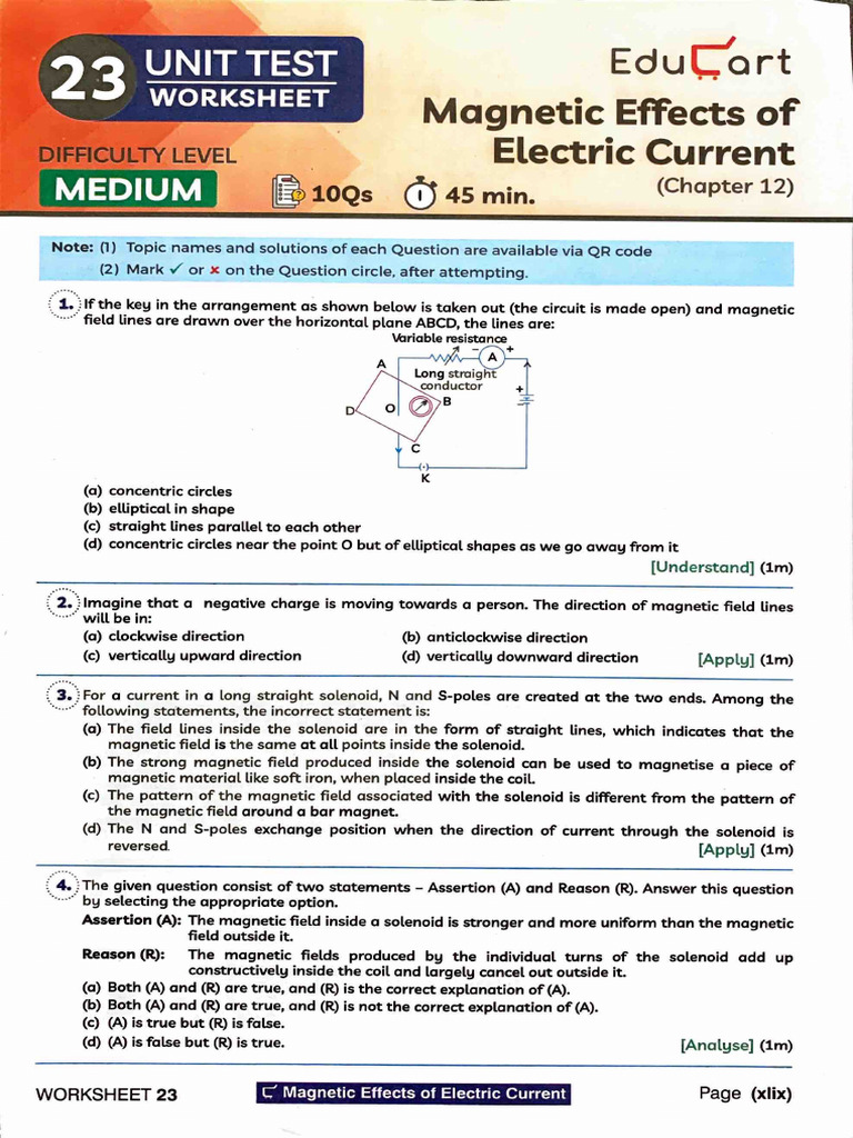 12 Magnetic Effects of Electric Current Class 10 Science Worksheet ...