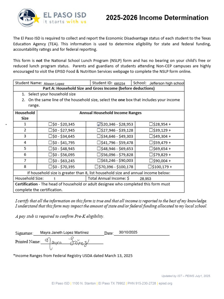 2025-2026 Income Eligibility Form - English - 07012025 | PDF ...
