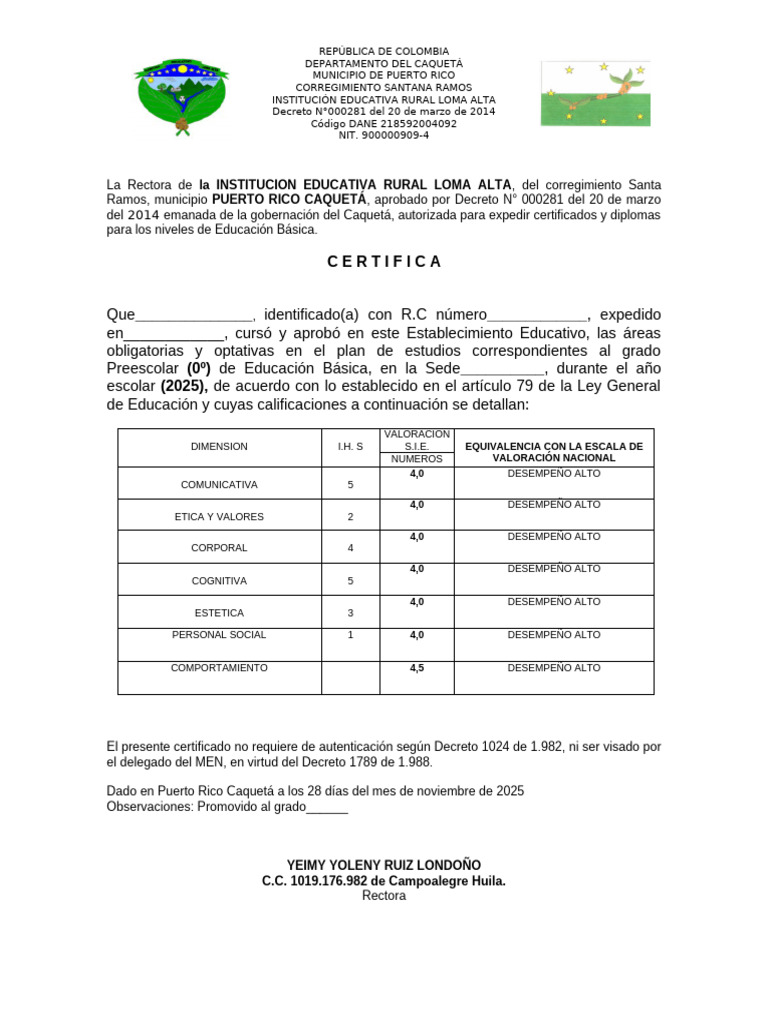Certificado Preescolar Año 2025 | PDF | Educación de la primera infancia