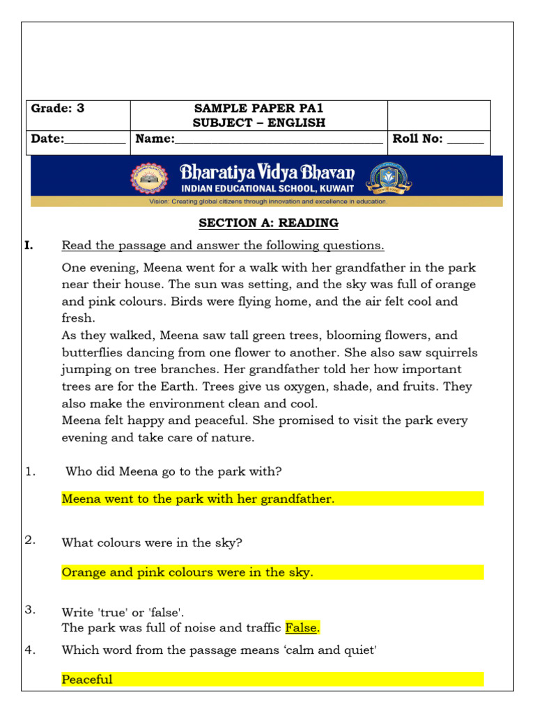 g3 English Pa1 Sample Paper-Answer Key | PDF | Sentence (Linguistics ...