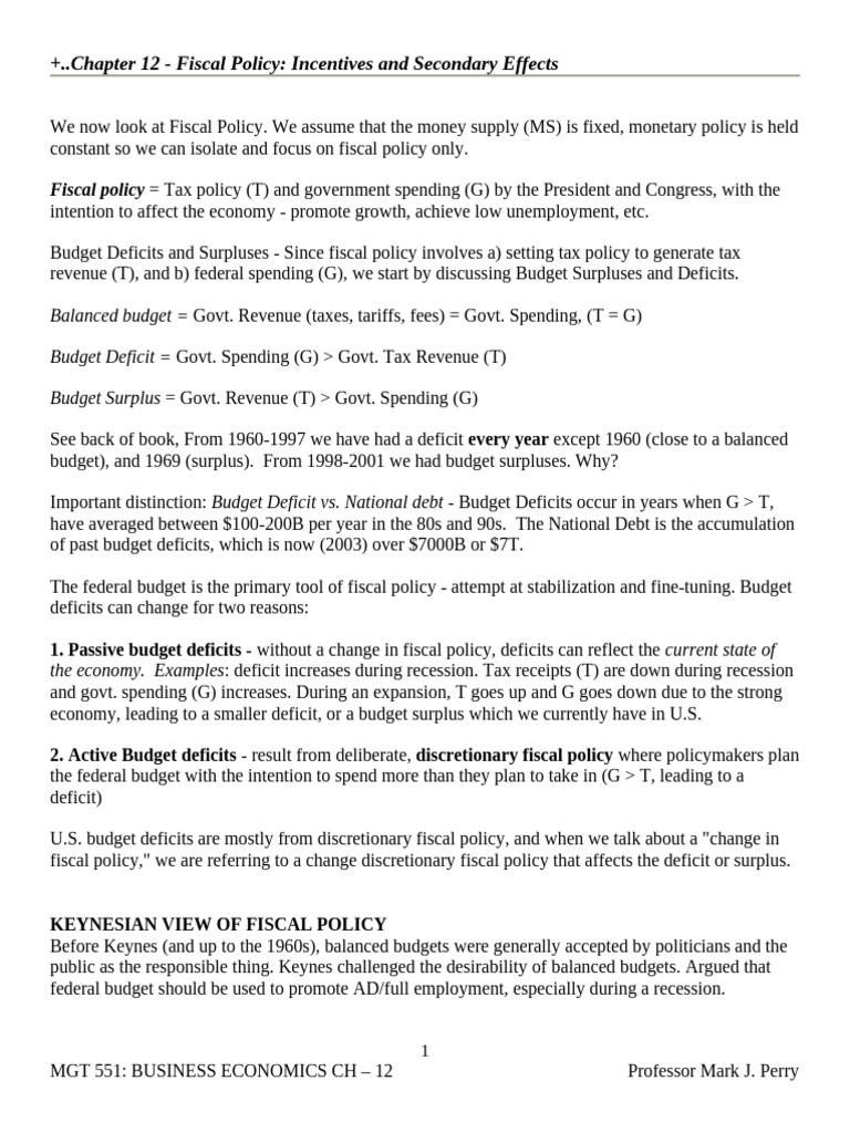 Unit 15 - Fiscal Policy-Incentives and Secondary Effects (Chapter 12 ...
