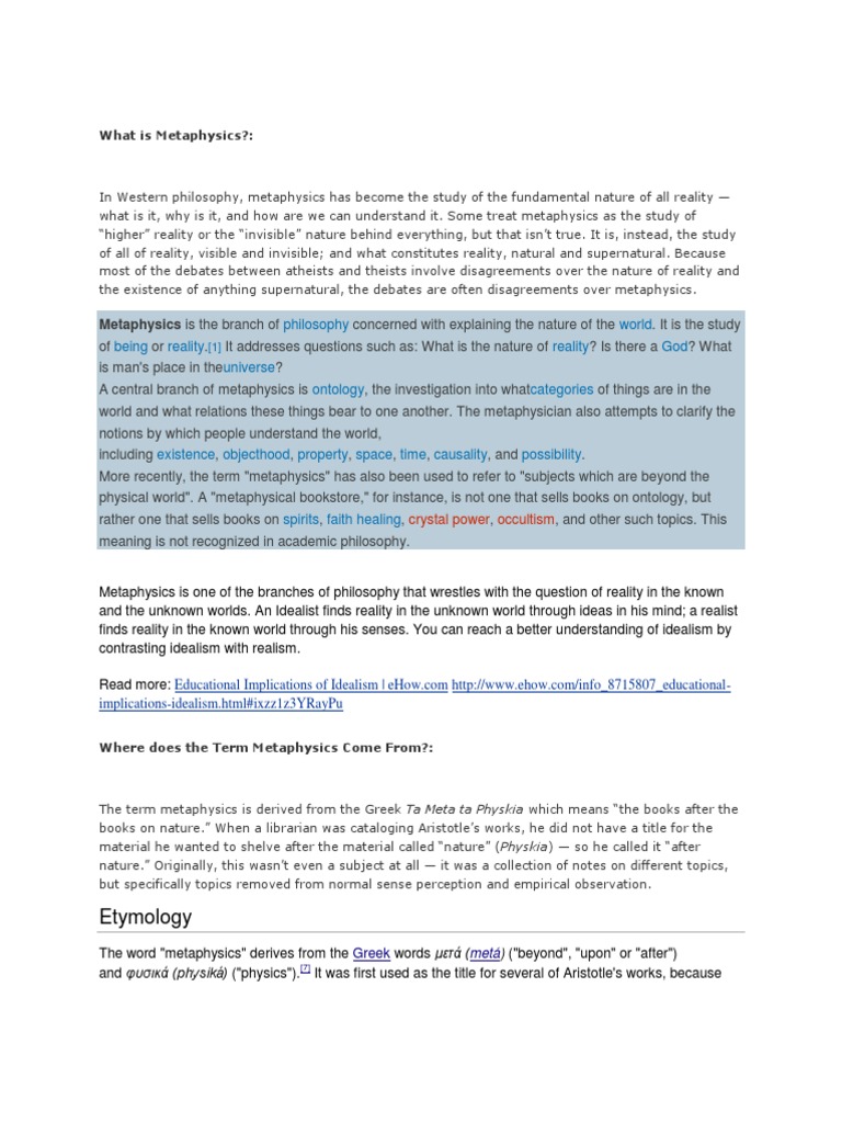 What Is Metaphysics | PDF | Metaphysics | Idealism