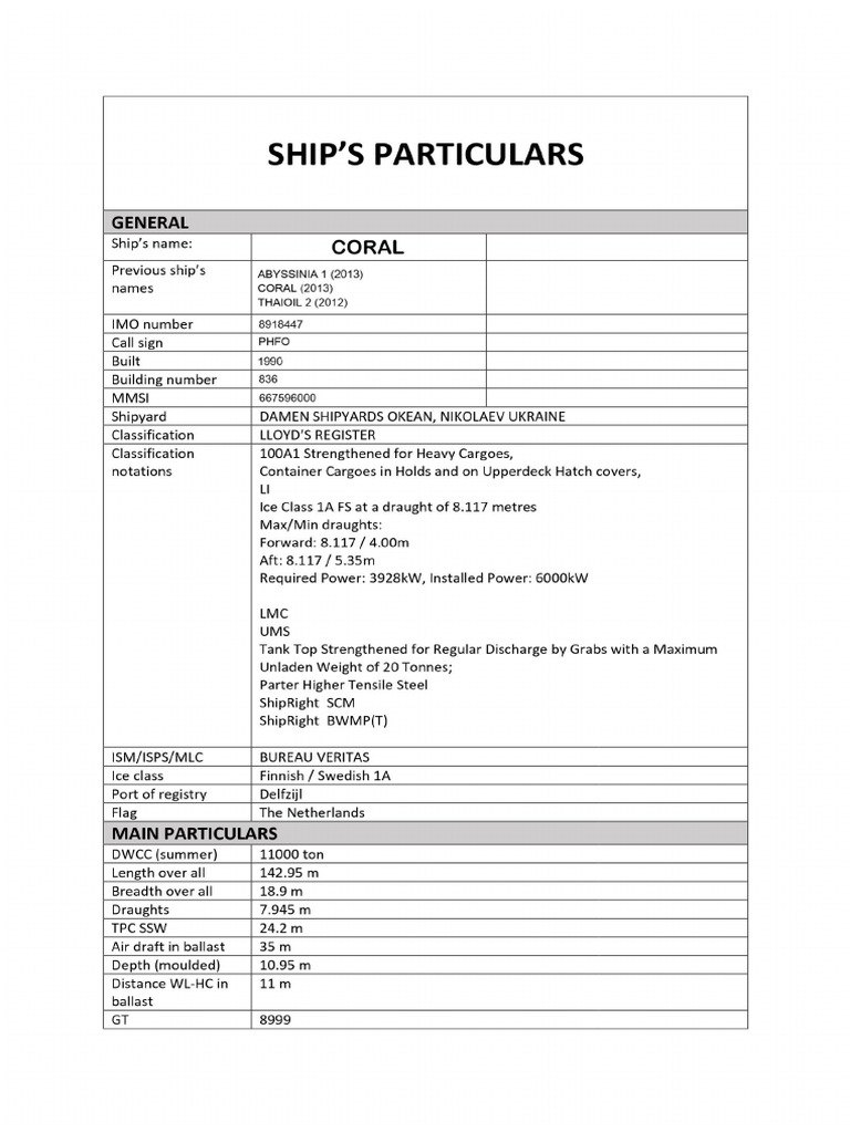 Corals - Ship Particulars | PDF