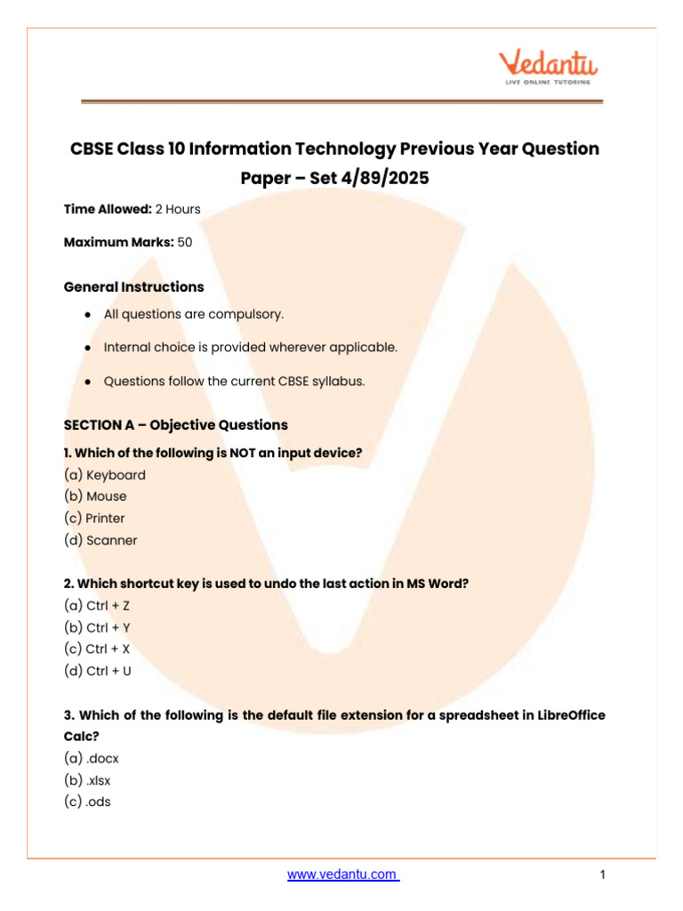 CBSE Class 10 IT Question Paper Set 4 89 2025 PDF (With Solutions ...