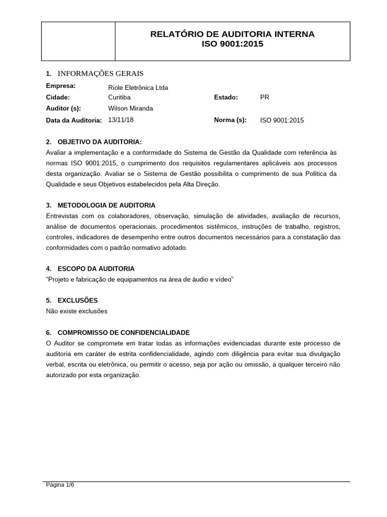 Relatório Da Auditoria Interna ISO 9001 - 2015 | PDF | Qualidade ...
