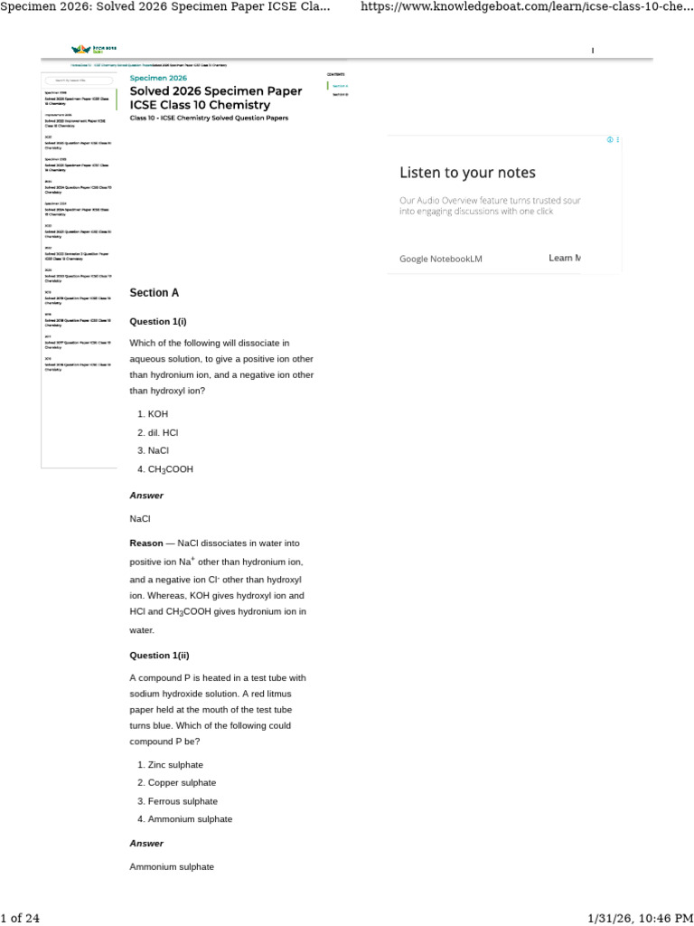 Specimen 2026 - Solved 2026 Specimen Paper ICSE Class 10 Chemistry ...