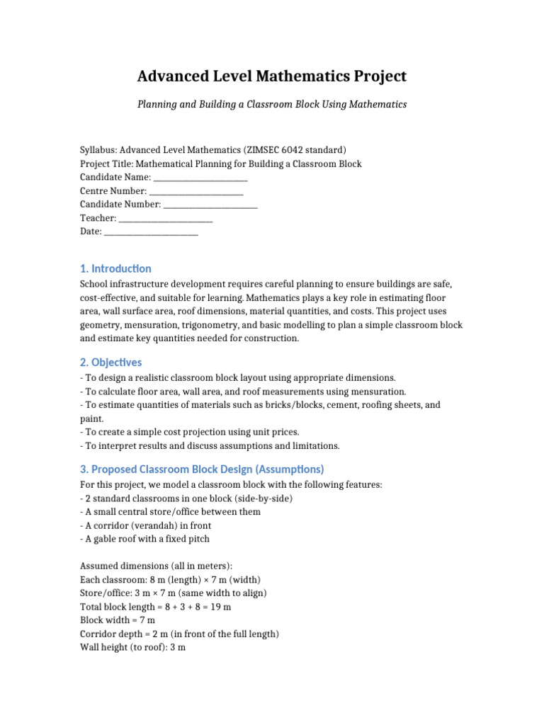 A Level Project Building A Classroom Block | PDF | Area | Length
