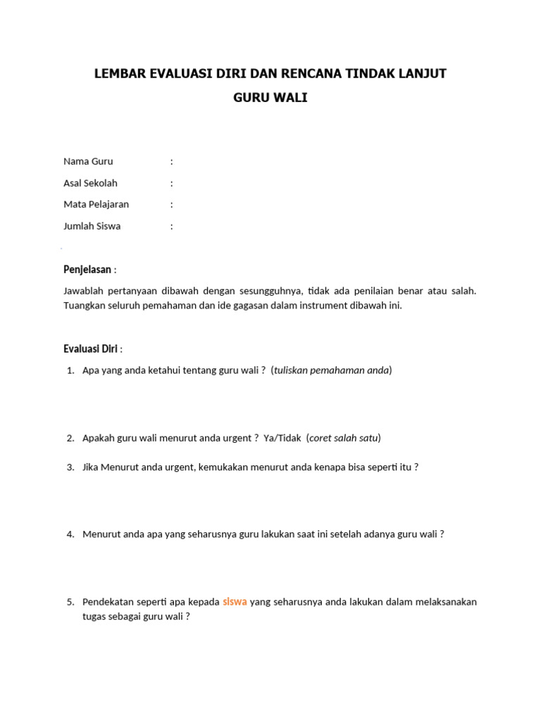 Lembar Evaluasi Diri Dan Rencana Tindak Lanjut Guru Wali | PDF