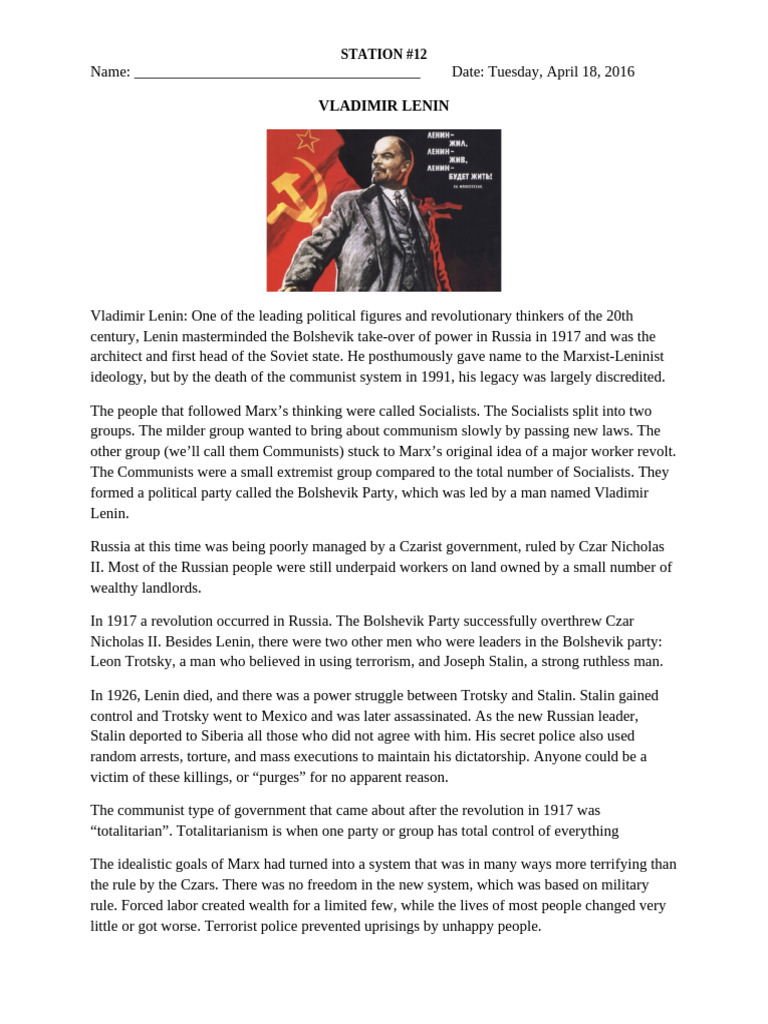 Station 12 - Vladimir Lenin | PDF | Communism | Vladimir Lenin
