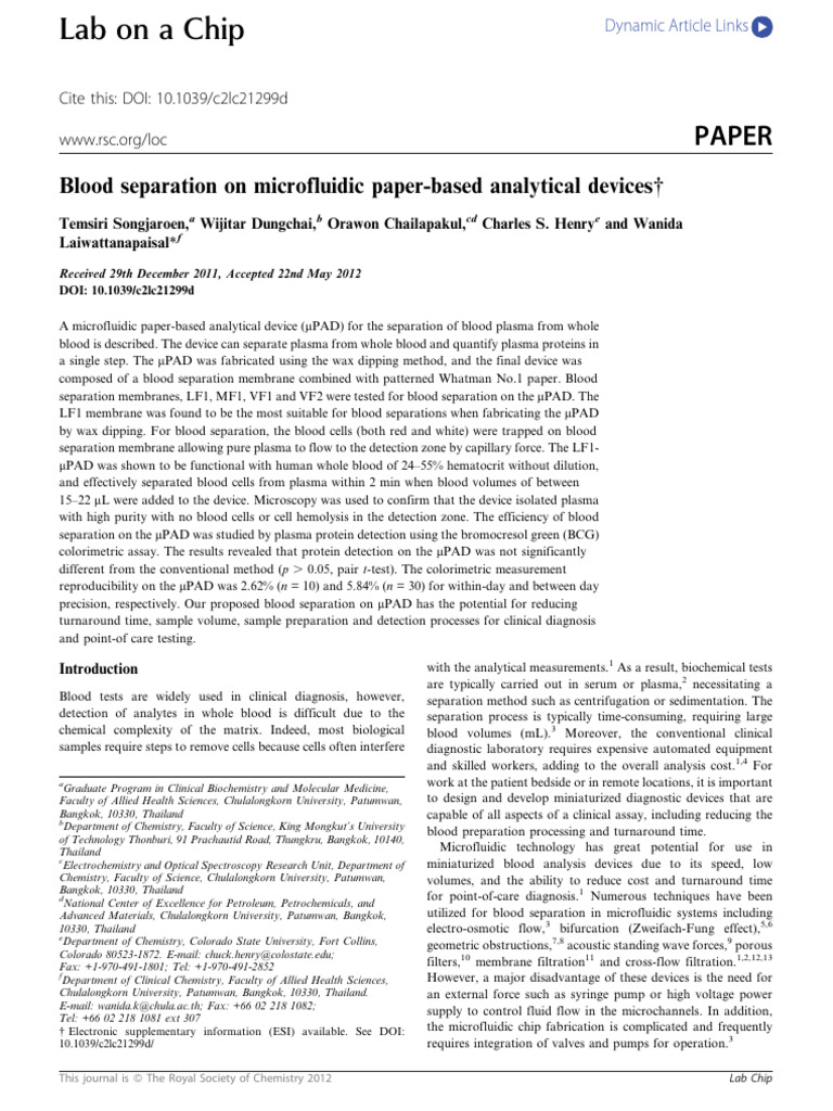 Blood Separation On Microfluidic Paper Based Analytical Devices | PDF ...