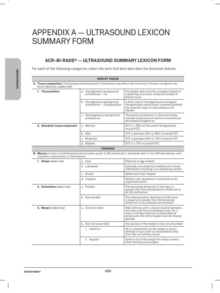 BI RADS Summary Form Ultrasound | PDF | Oncology | Diseases And Disorders