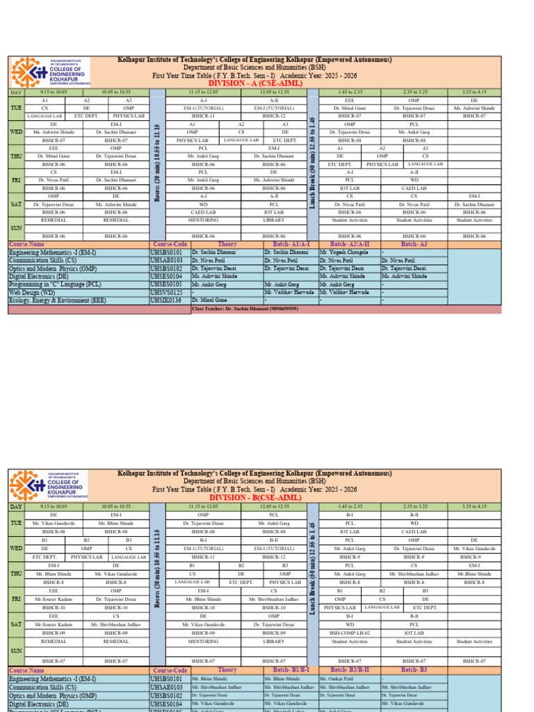 Time Table PDF 25-26 Sem-I Updated | PDF | Natural Sciences | Physical ...