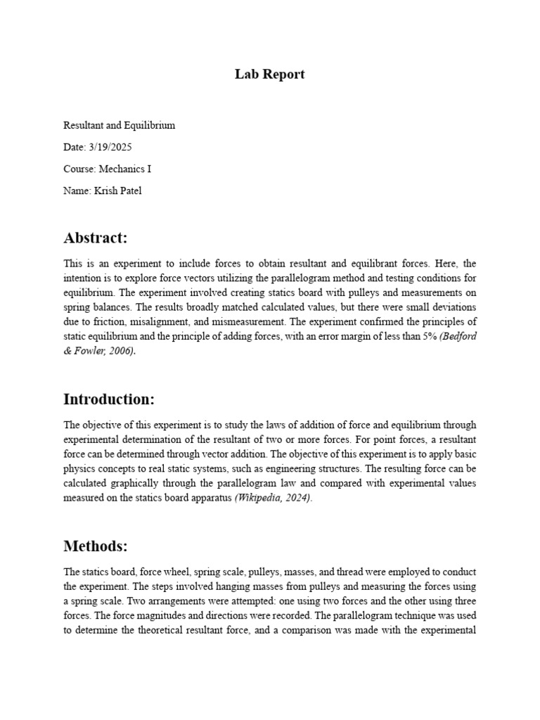 Mechanic Lab Report 1 | PDF | Force | Experiment