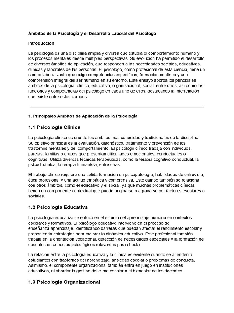 Ensayo Ambitos de La Psicologia | PDF | Sicología | Psicología clínica