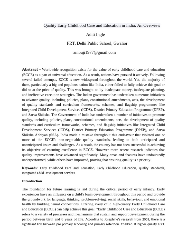 Quality Early Childhood Care and Education in India | PDF | Teachers ...