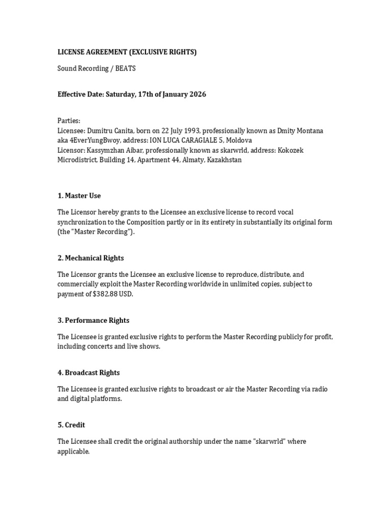 Exclusive Beat License Agreement | PDF | License | Chess Theory