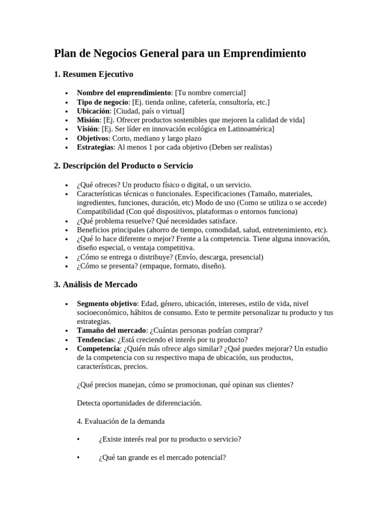 Plan de Negocios General para Un Emprendimiento | PDF | Plan de ...