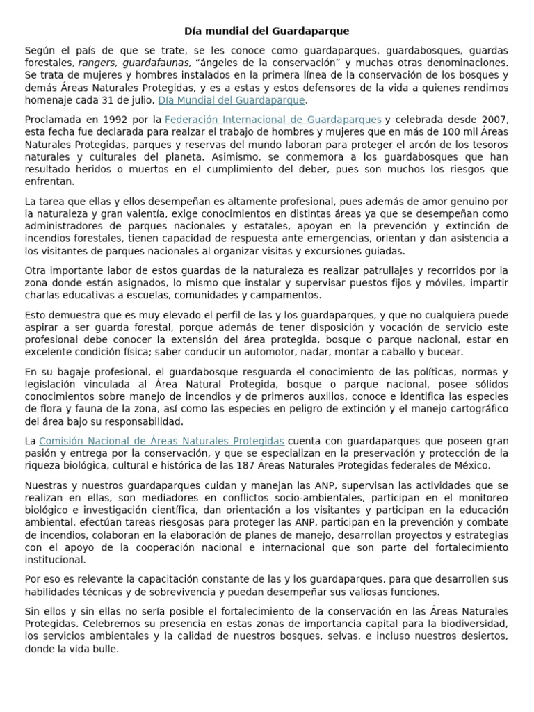 Día Mundial Del Guardaparque | PDF | Los bosques | Biodiversidad