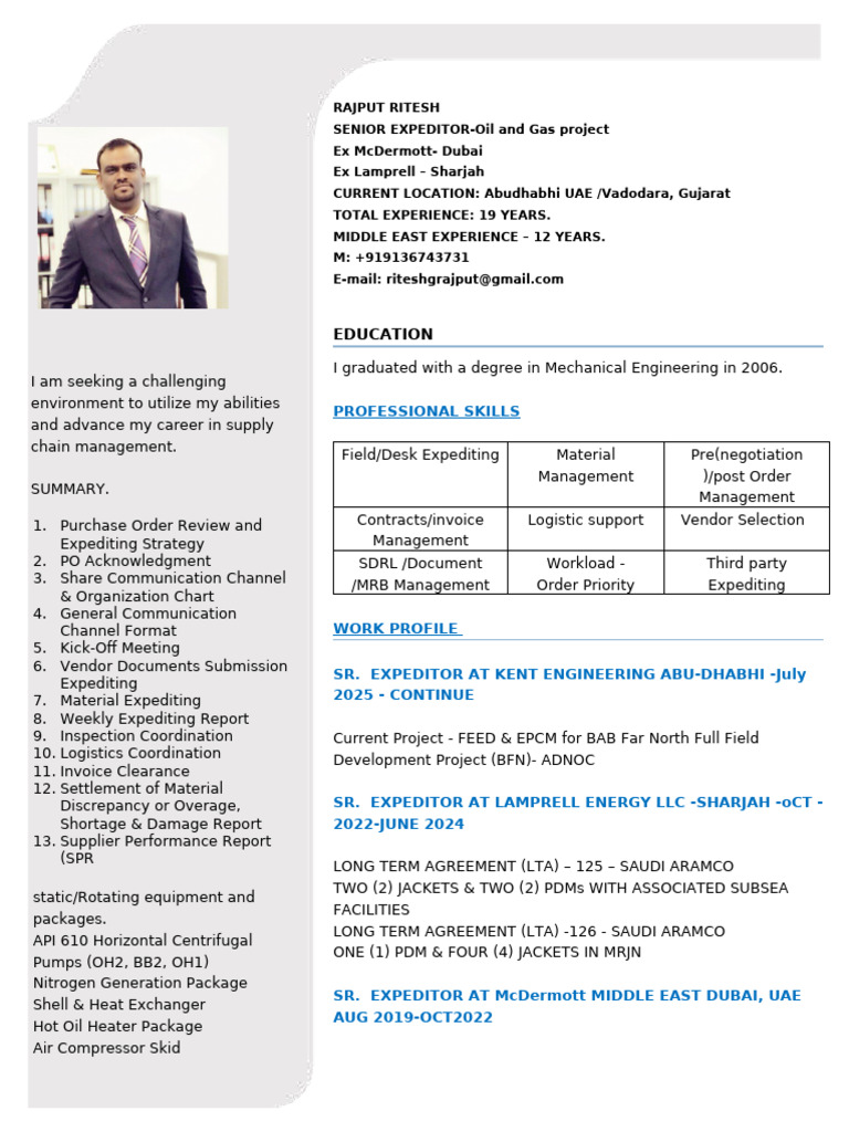 Ritesh Rajput - SR - Expditor - Latest 2026 | PDF | Pipe (Fluid ...