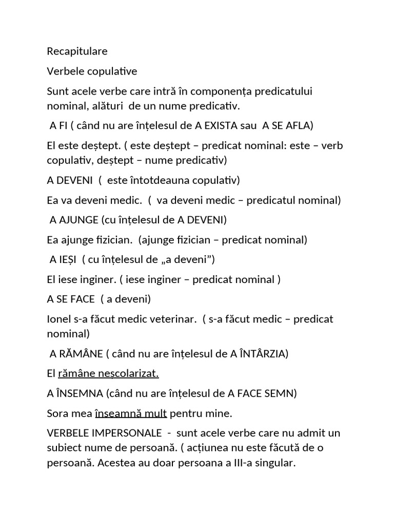 Verbe Copulative Si Impersonale ( Recapitulare) | PDF