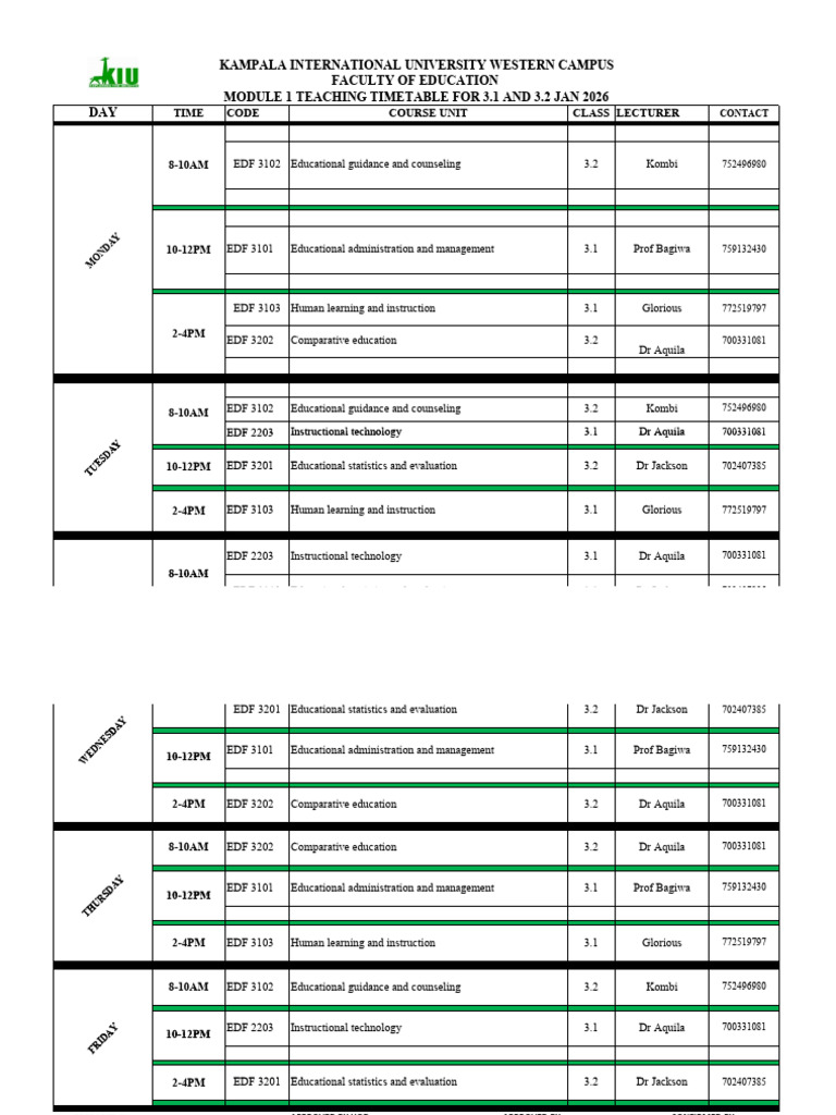 Module 1 Teaching Timetable Jan 2026 | PDF