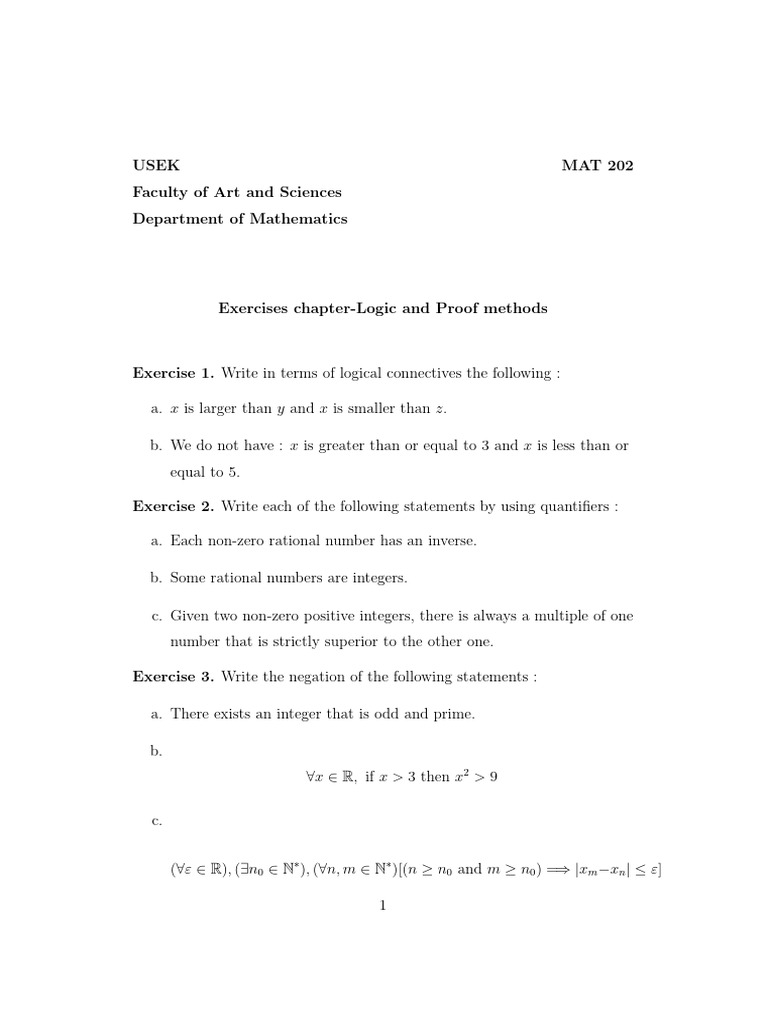 Exercises Sheet1 - Logic and Proof Methods | PDF | Mathematical Proof ...