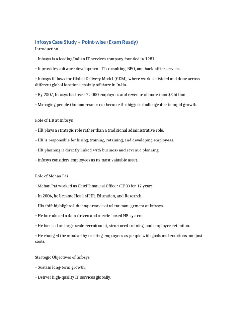 Infosys Case Study Points Exam Ready | PDF | Employment | Talent Management