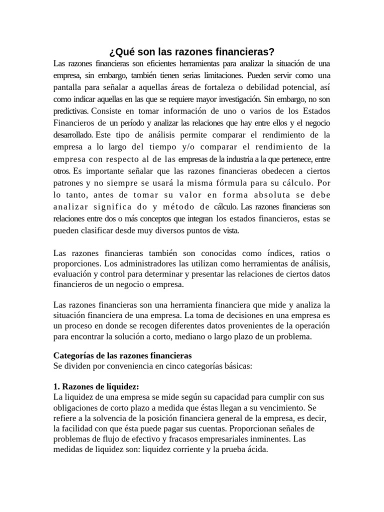 Razones Finacieras | PDF | Liquidez de mercado | Compartir (Finanzas)