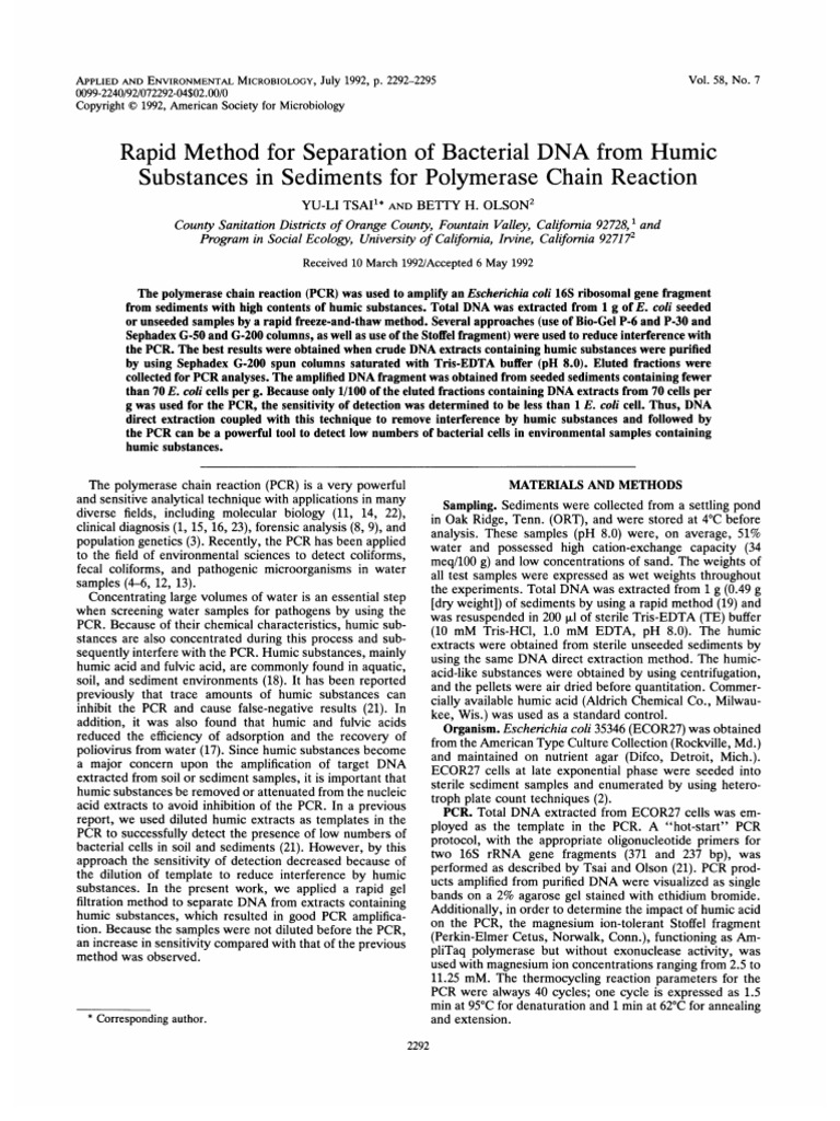 Rapid Method For Separation of Bacterial DNA From Humic Substances in ...