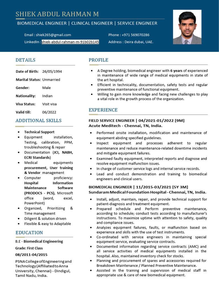 CV - Shiek Abdul Rahman M - Biomedical Engineer | PDF | Technical ...