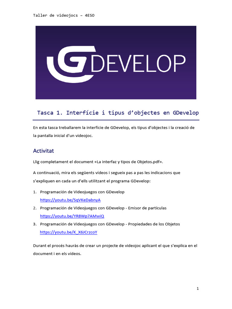Tasca 1. Interfície I Tipus D'objectes en GDevelop | PDF