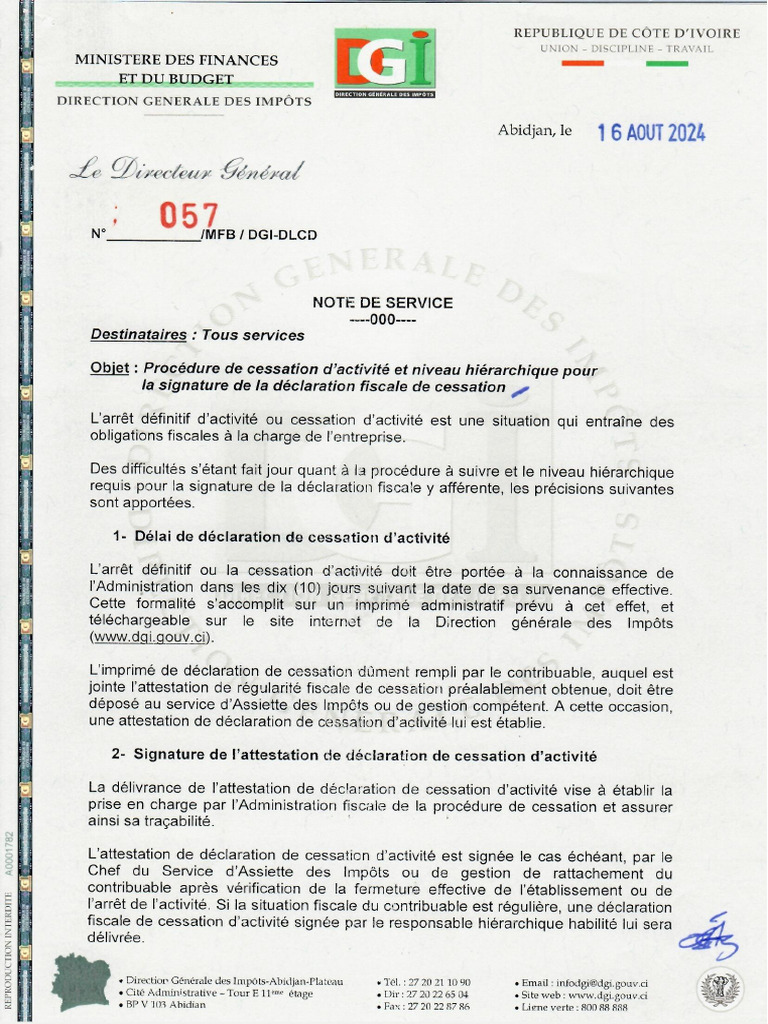 N° 057 MFB DGI DLCD DU 16 AOUT 2024 Procédure de Cessation D'activité ...