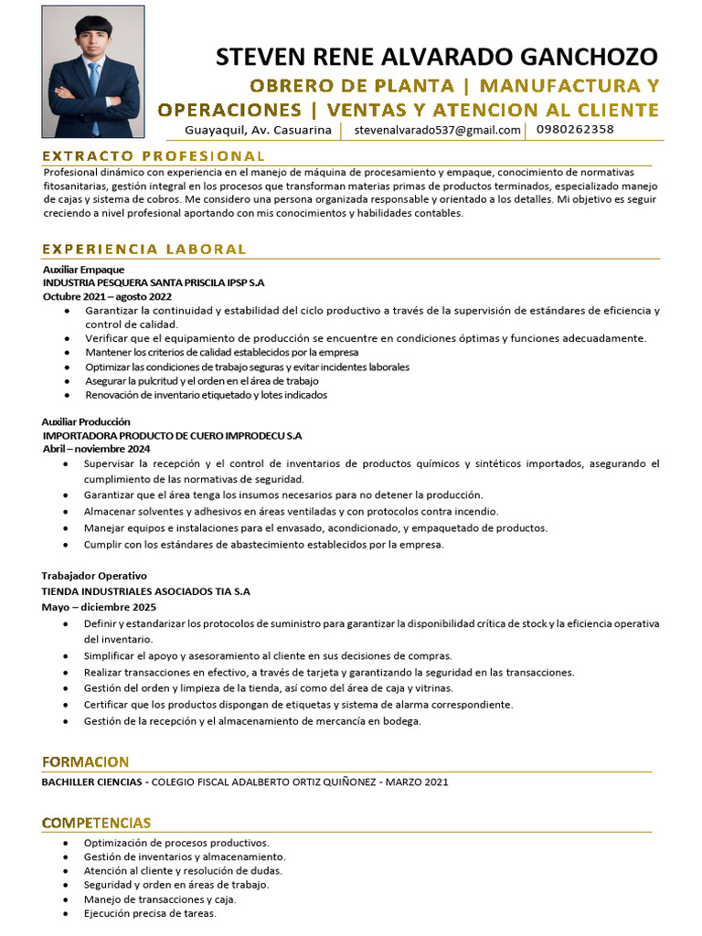 CV Steven Alvarado 2026 | PDF | Calidad (comercial) | Economias