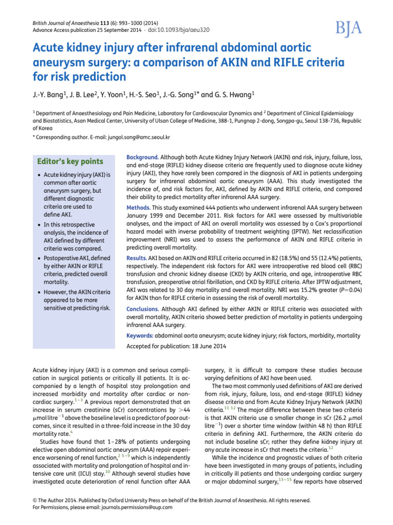 Acute Kidney Injury After Infrarenal Abdominal Aor | PDF | Clinical ...
