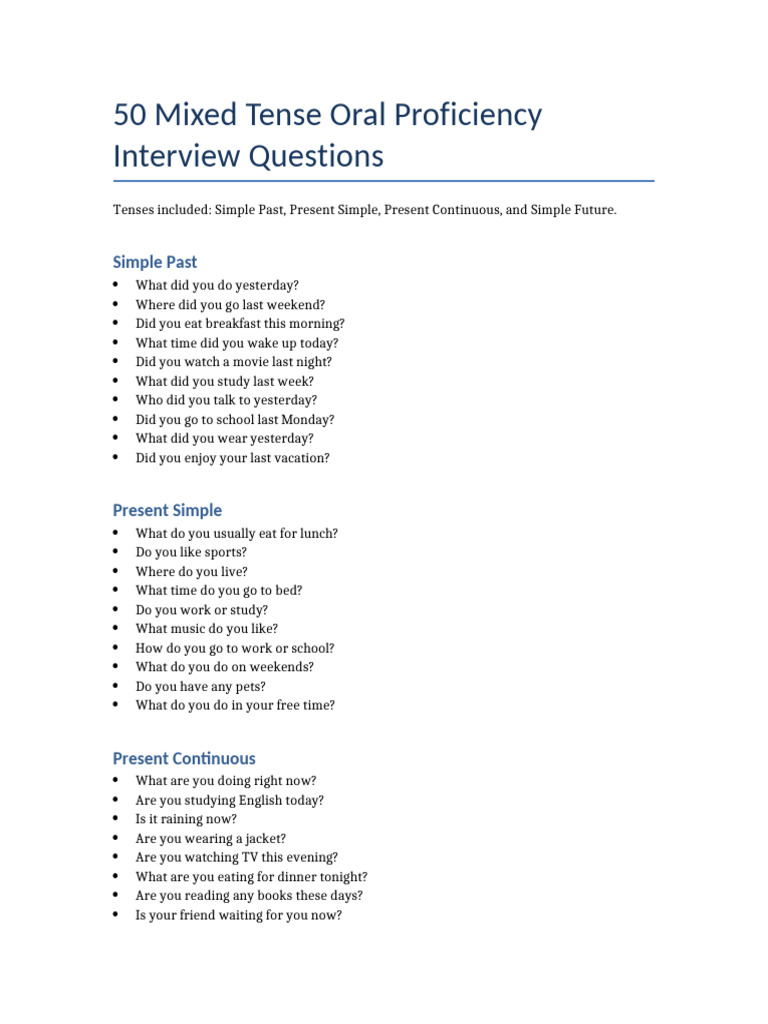 50 Mixed Tense OPI Questions | PDF