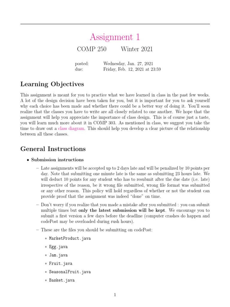 Assignment 1: COMP 250 Winter 2021 | PDF | Method (Computer Programming ...