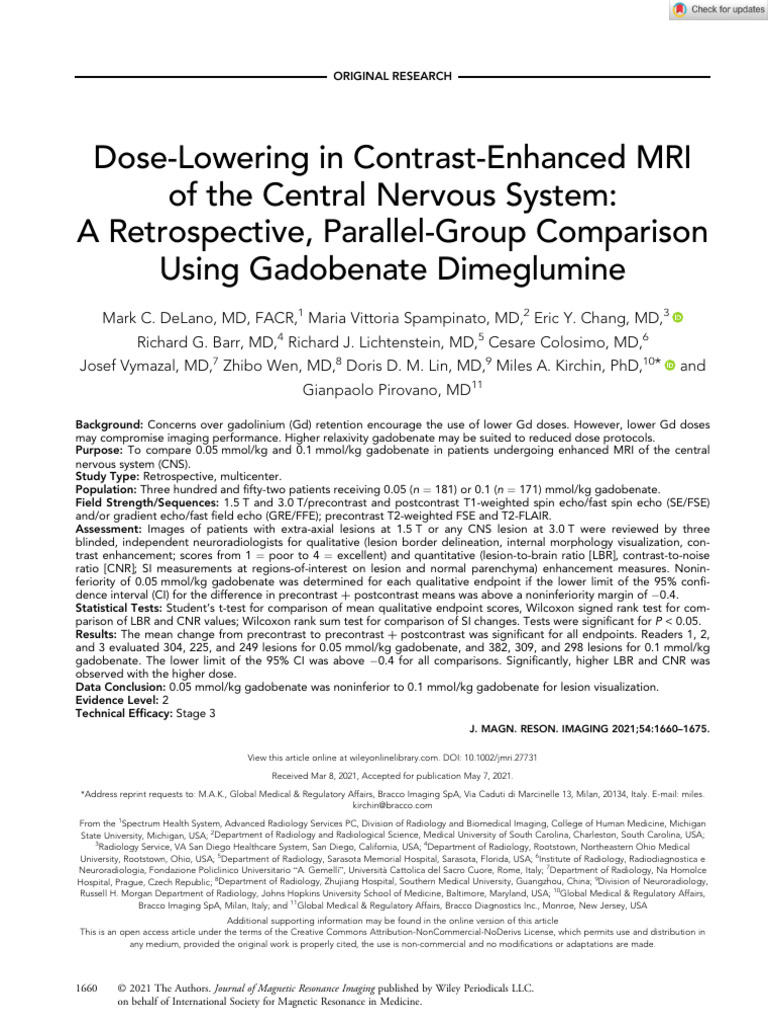 Magnetic Resonance Imaging - 2021 - DeLano - Dose Lowering in Contrast ...