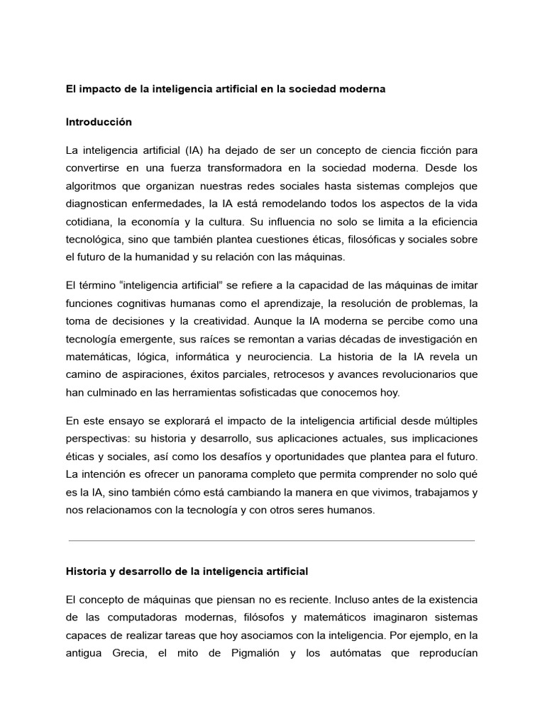 El Impacto de La Inteligencia Artificial en La Sociedad Moderna | PDF ...