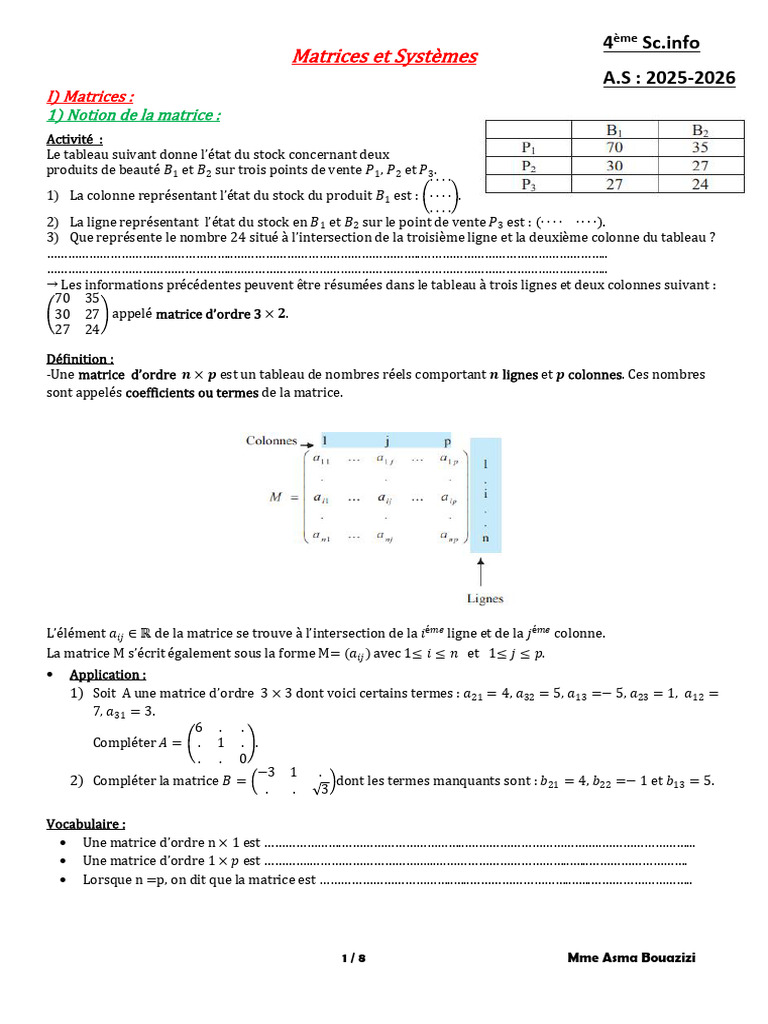 Cours Matrice Bac Info 2025.docx2 | PDF | Matrice (Mathématiques ...